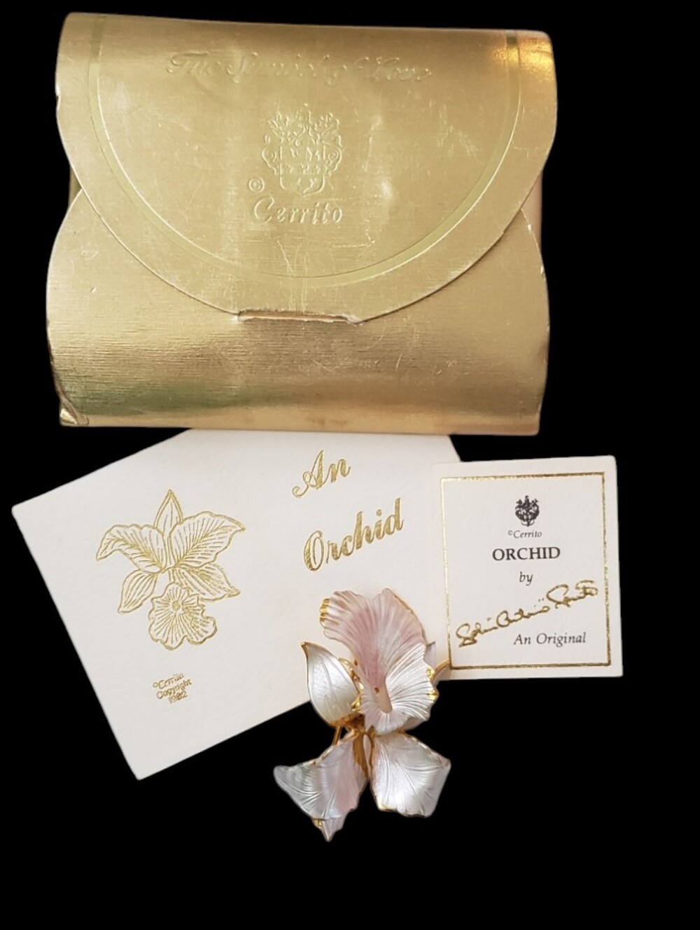 Vintage Orchid Flower Pin Brooch Signed Cerrito Original 1982 Gold White Enamel